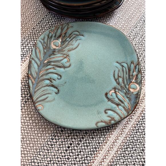Pier 1 Imports Peacock Feather Stoneware Salad Plates 8" Lot of 4 Turquoise RARE - Picture 2 of 2